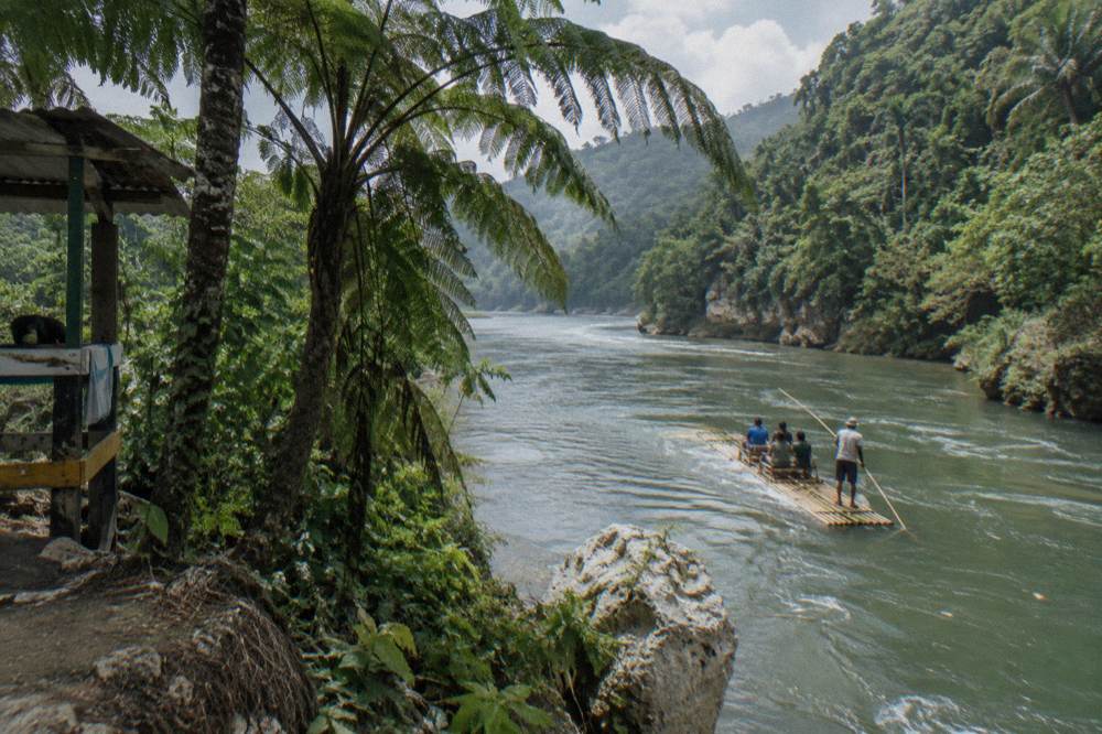 Bamboo raft gliding through calm green water with jungle on both banks