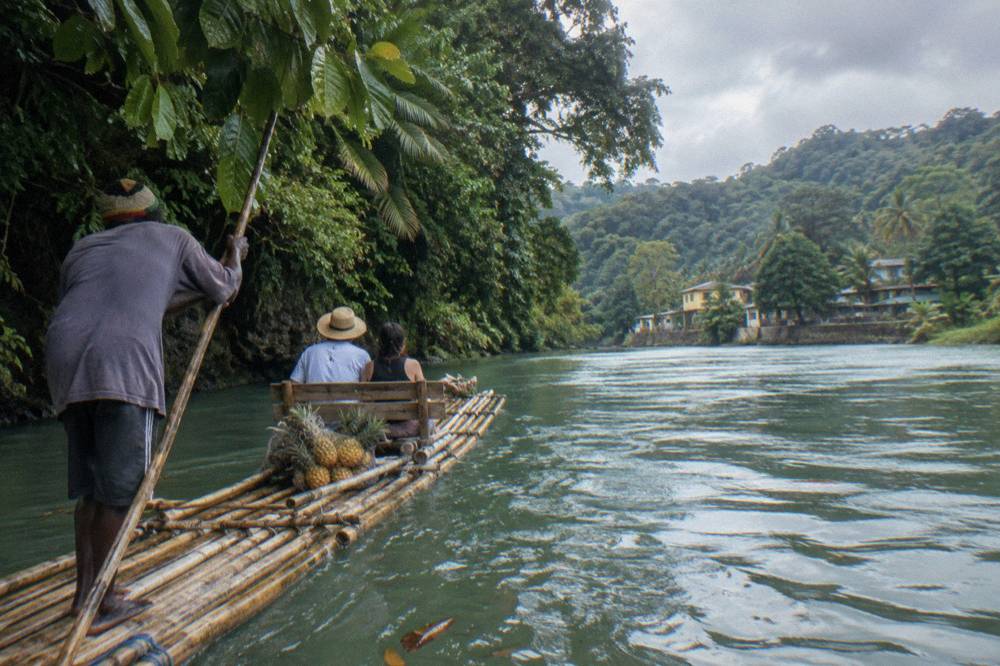A long bamboo raft drifting past thick forest on a slow wide river bend