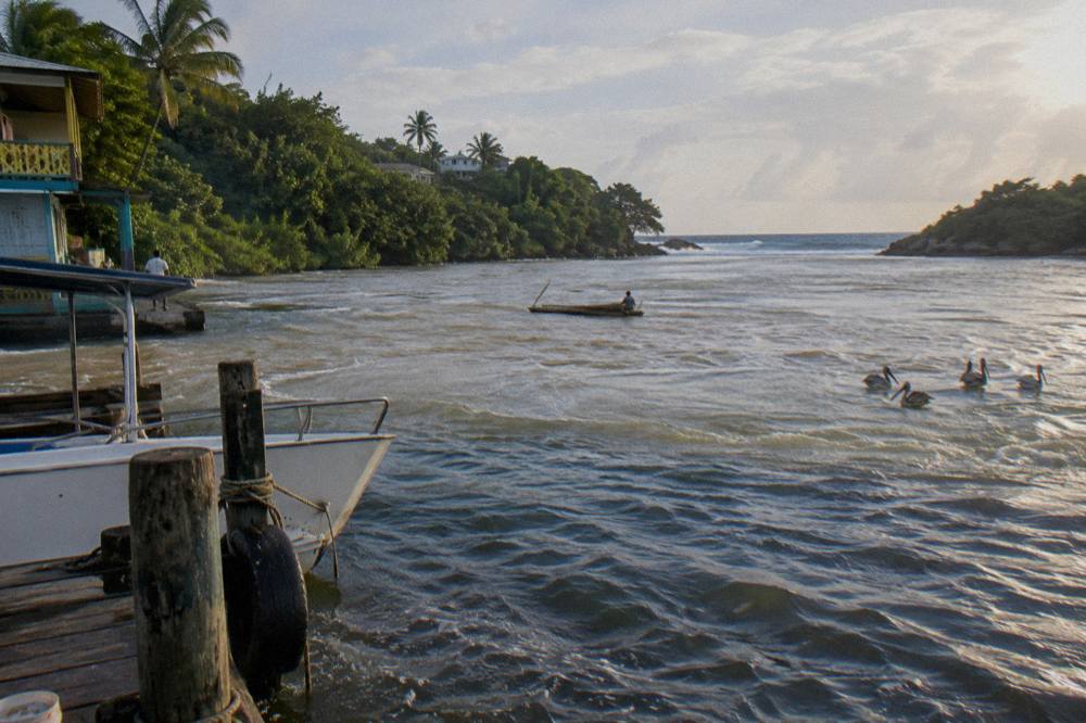 A wide river mouth opening toward the sea between low green banks