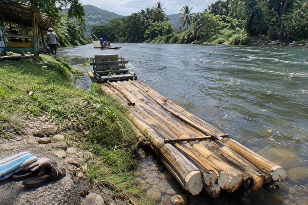 A long bamboo raft resting in shallow clear water beside a grassy riverbank