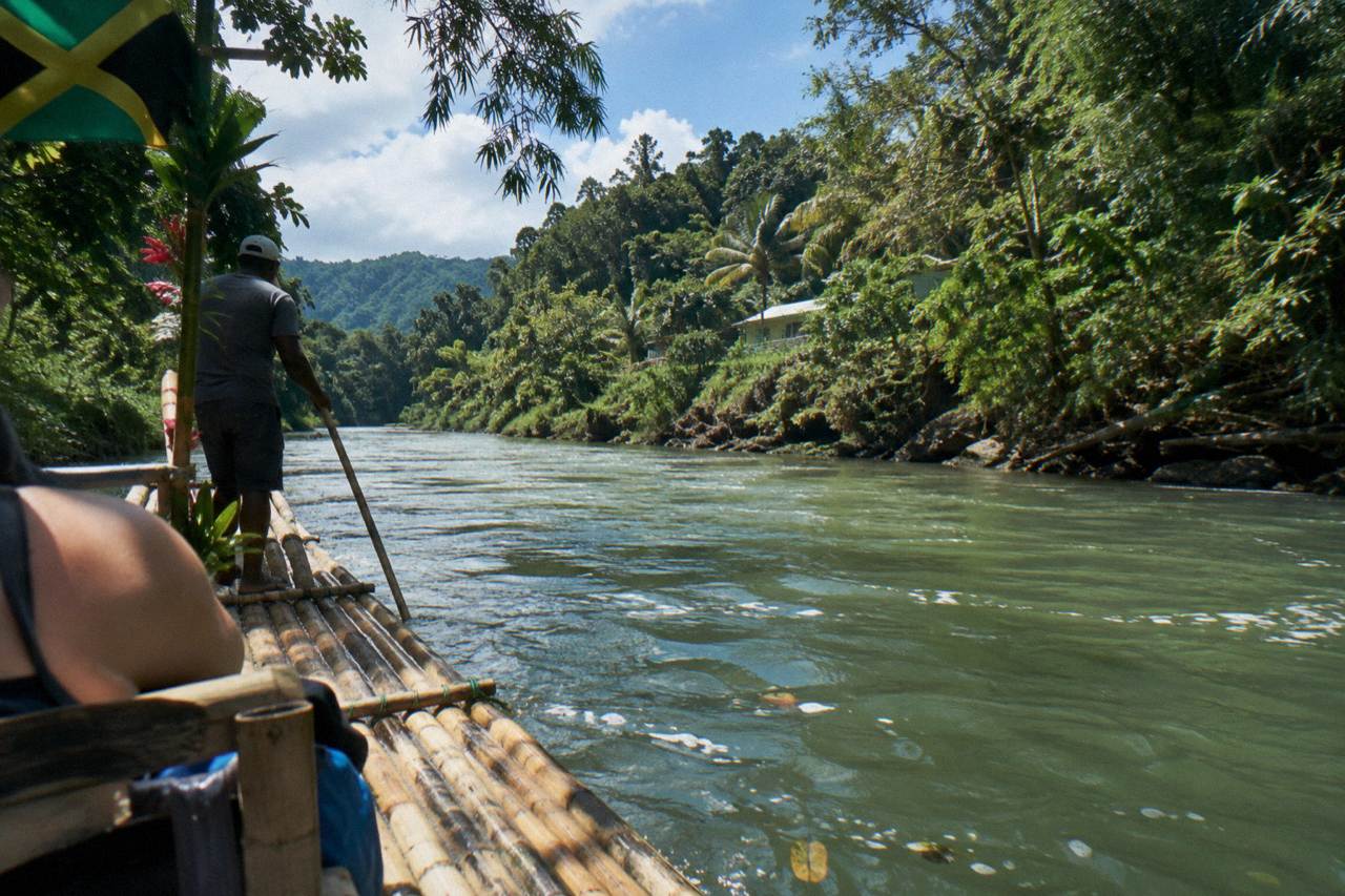 A long bamboo raft resting on a calm green Jamaican river with dense forest on both banks