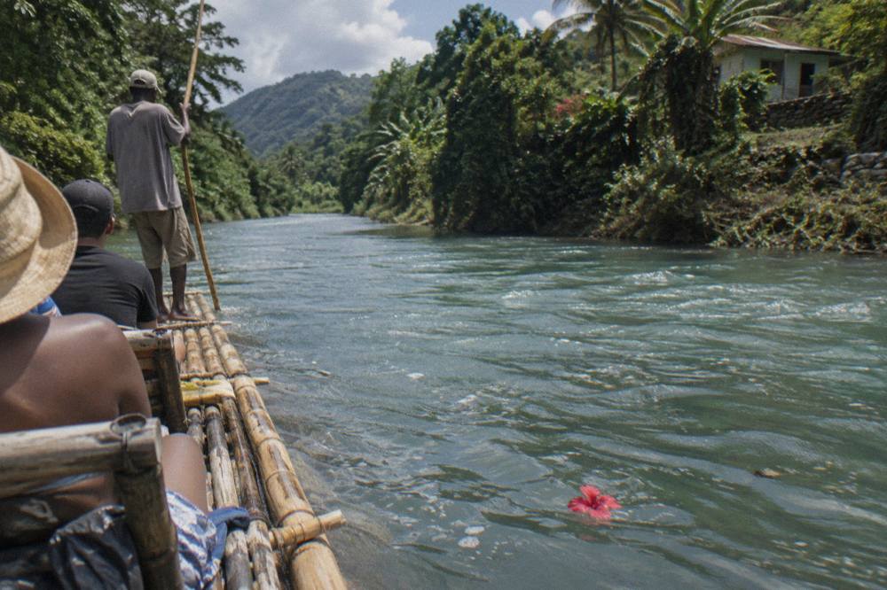 A long bamboo raft drifting on slow turquoise water between overgrown riverbanks