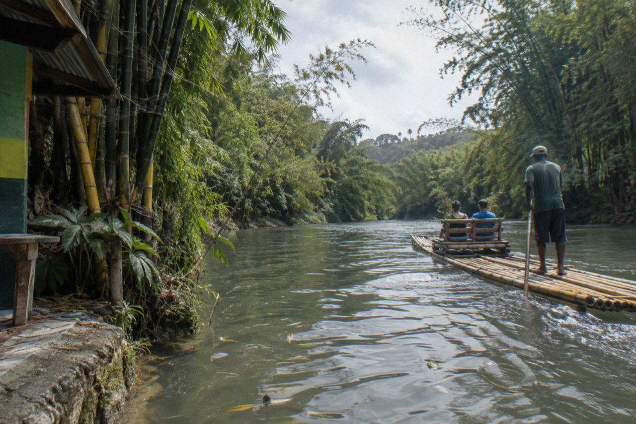 A calm green river winding between tall trees and bamboo along a tropical Jamaican riverbank
