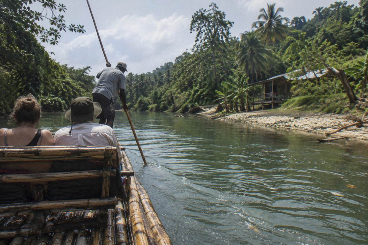 A long bamboo raft drifting on a calm green river between forested banks
