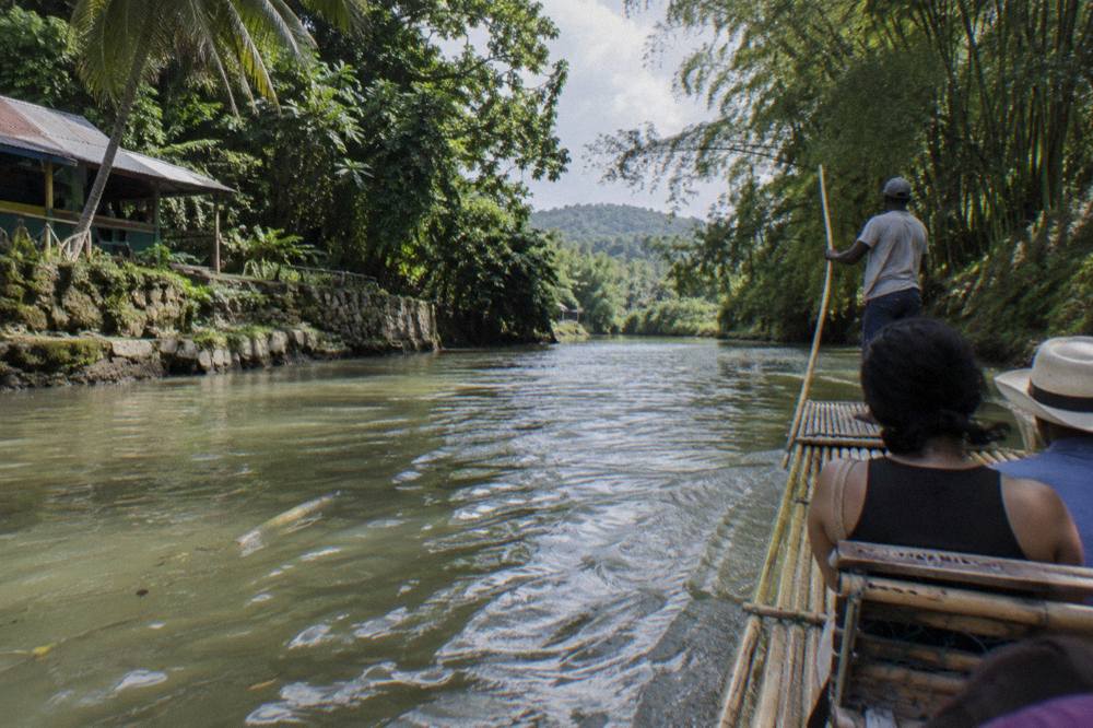 A long bamboo raft poled by a captain along a calm river lined with tall trees
