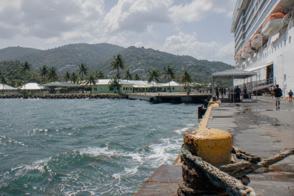 A cruise ship docked at a harbor with low buildings and green hills behind it