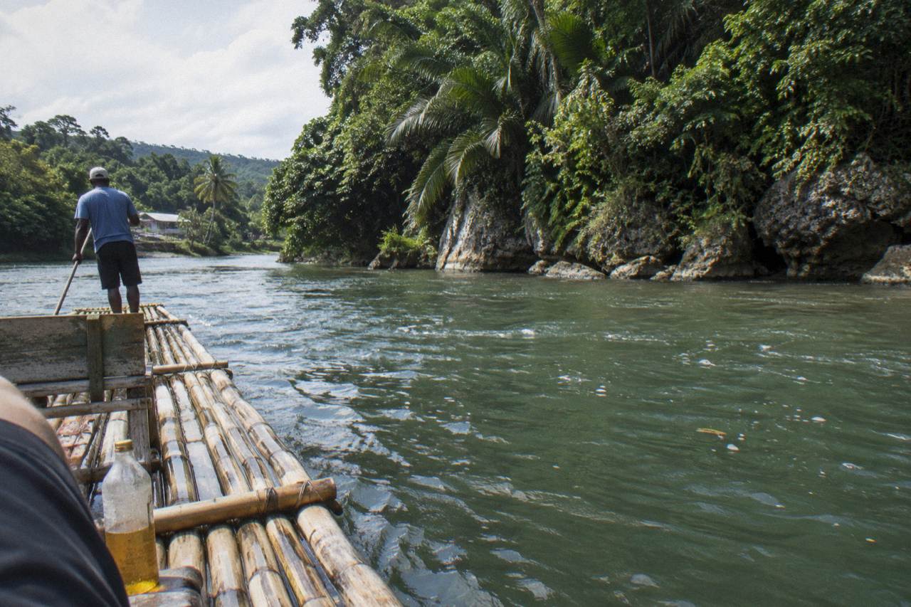 A long bamboo raft resting on calm green river water beside a dense jungle bank