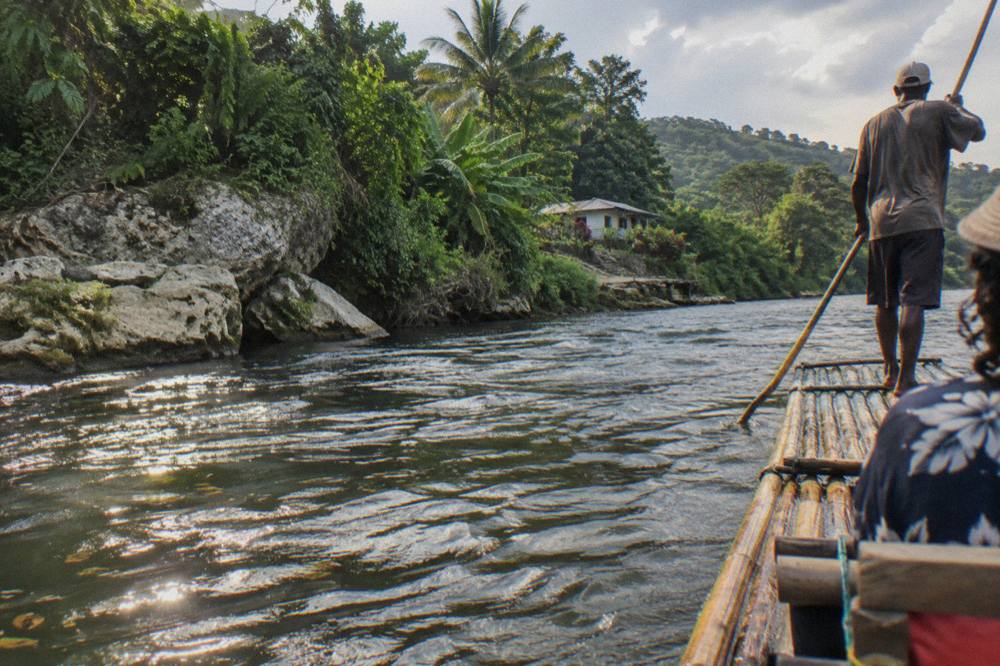A bamboo raft floating past dense green riverbank vegetation on a slow river