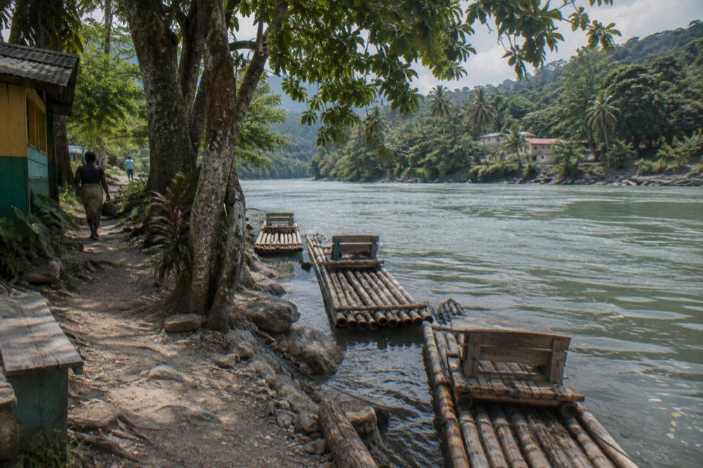 Sunlight on a slow green river with bamboo rafts moored along the bank