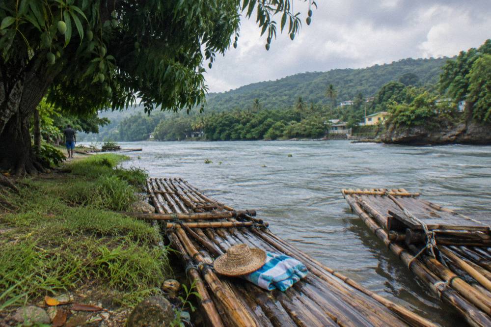Two bamboo rafts tied at a grassy riverbank landing under tall trees along a valley river