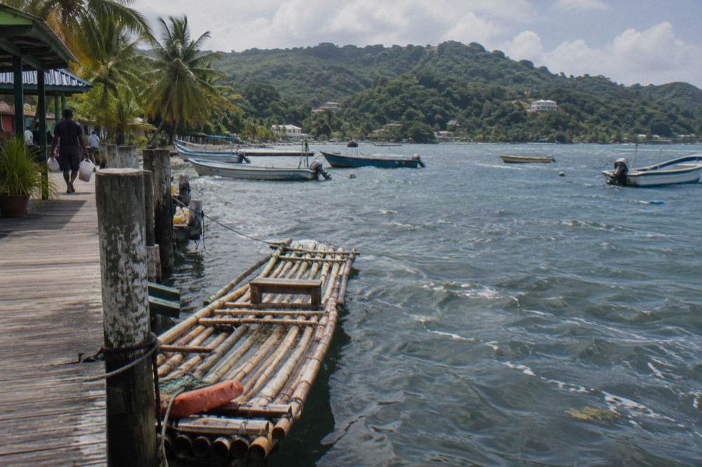 Bamboo raft moored beside weathered timber decking on a calm harbor, fishing skiffs and green hills beyond