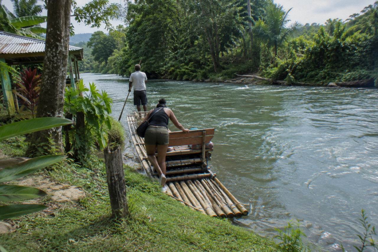 A wide bamboo raft drifting on calm green river water between tree-lined banks