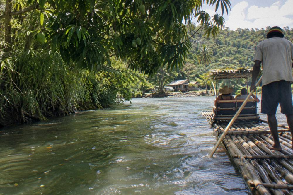 A bamboo raft gliding beneath overhanging trees on a slow green river