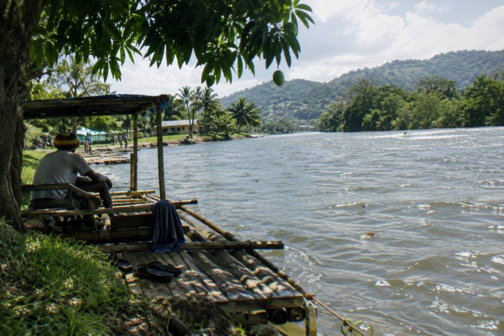 A bamboo raft moored at a grassy riverbank under bright sky