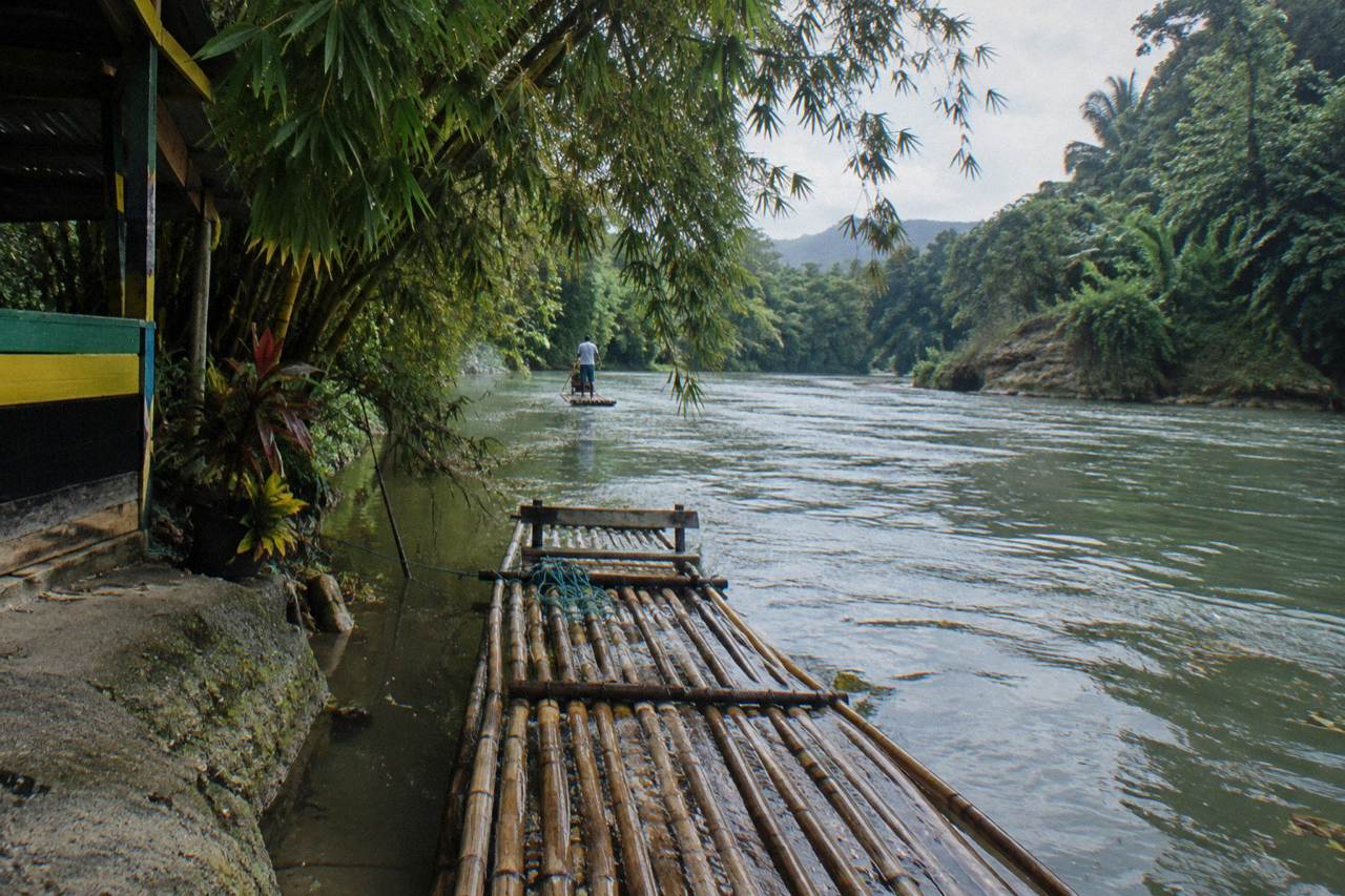 A bamboo raft moored beside a calm green river with forest on both banks