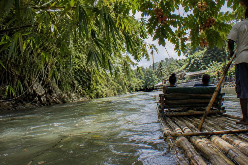 A bamboo raft gliding through calm river water between overhanging tropical trees