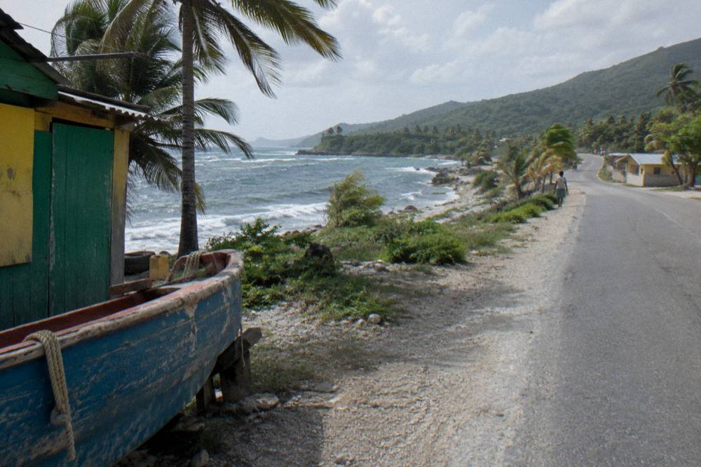 A coastal road winding past palm trees with green hills in the distance