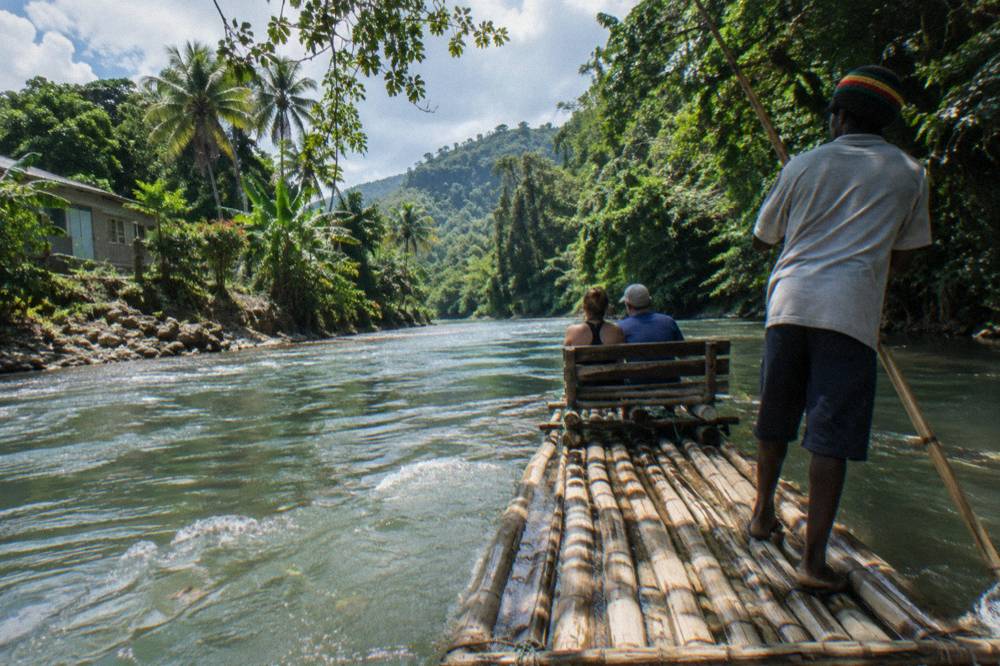 A long bamboo raft gliding on slow green water through forest