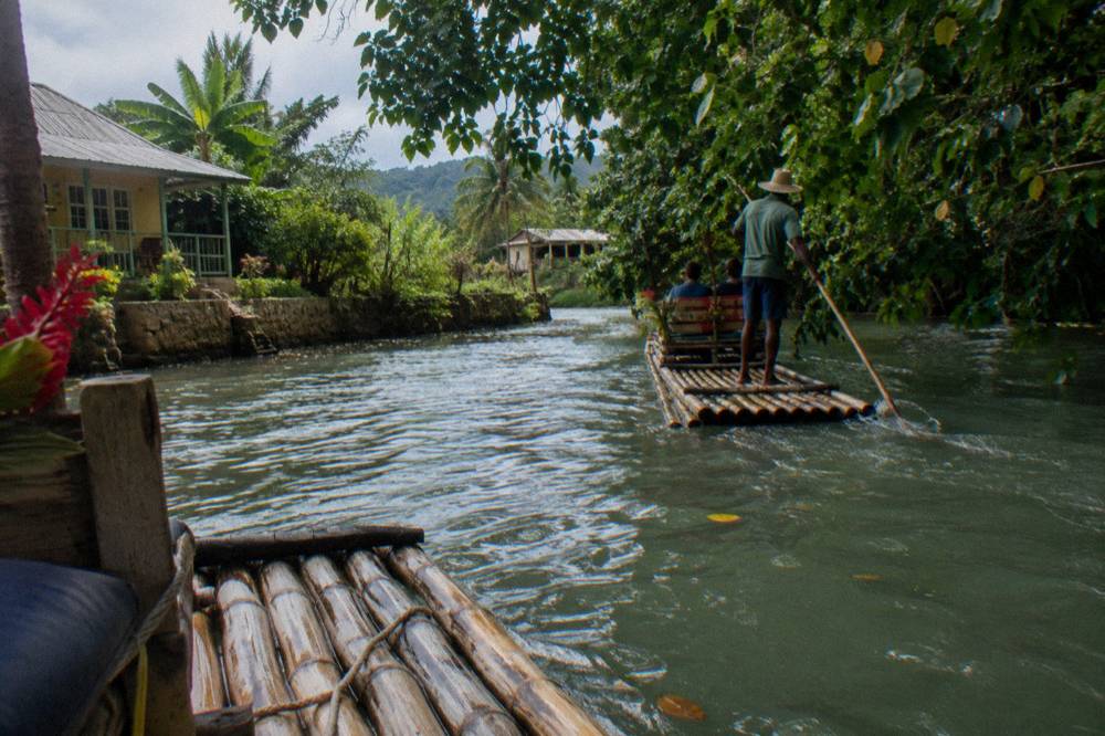 A bamboo raft passing under overhanging branches on a narrow river