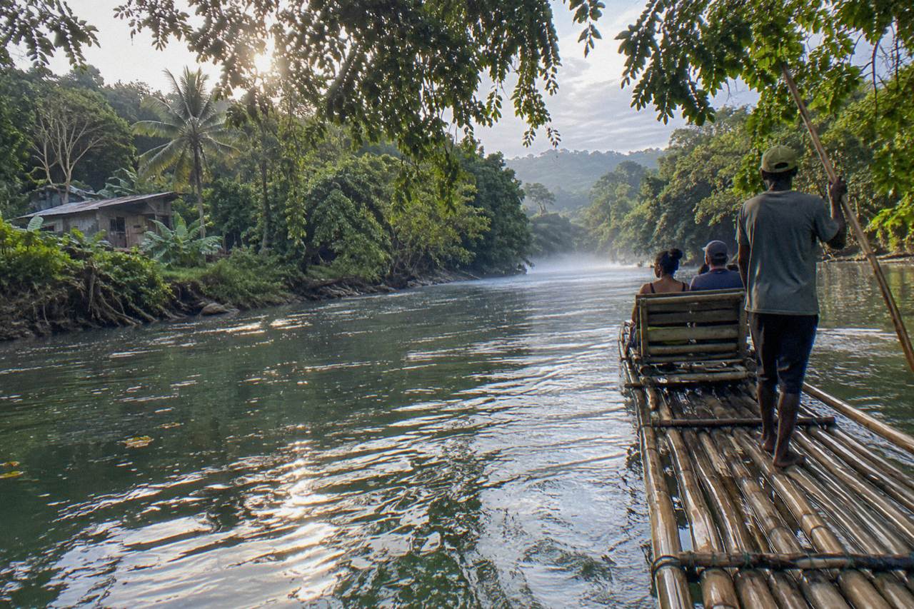 A bamboo raft drifting along a calm green Jamaican river between overhanging trees