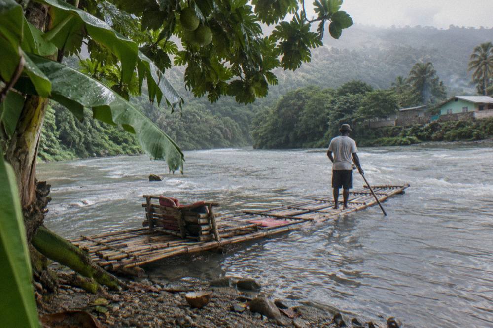 A bamboo raft resting at a river bank beside overhanging trees before departure
