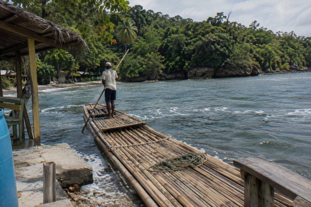 A long bamboo raft resting at a river landing beside dense green forest
