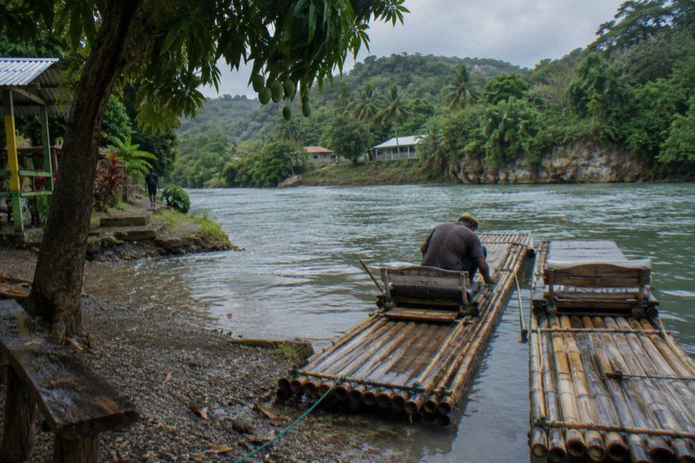 Two bamboo rafts moored side by side at a quiet river landing under tall trees