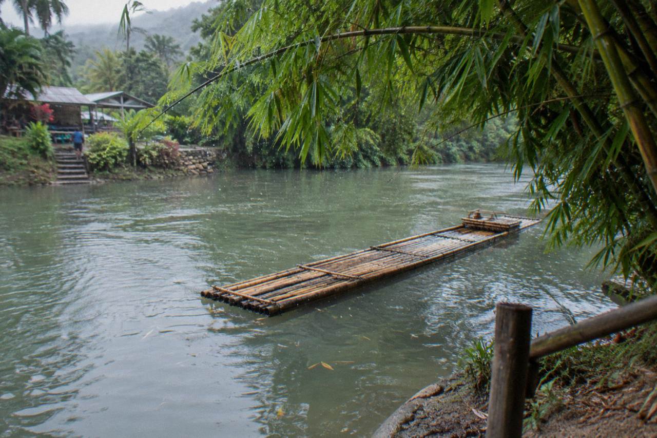 A long bamboo raft resting on a calm green river beside overhanging trees