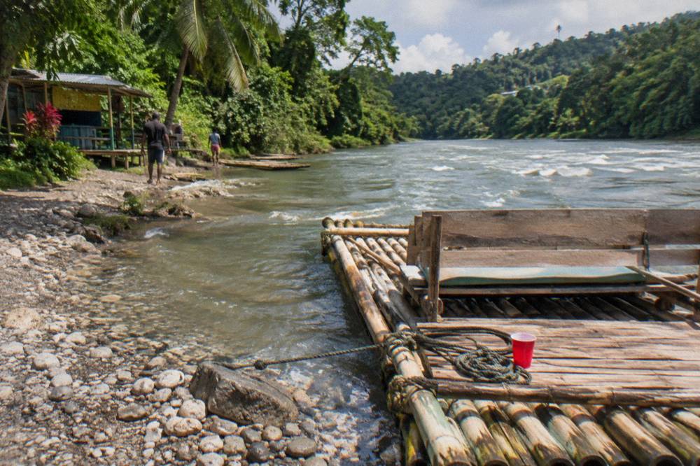 A bamboo raft moored at a riverbank landing with dense green foliage behind it