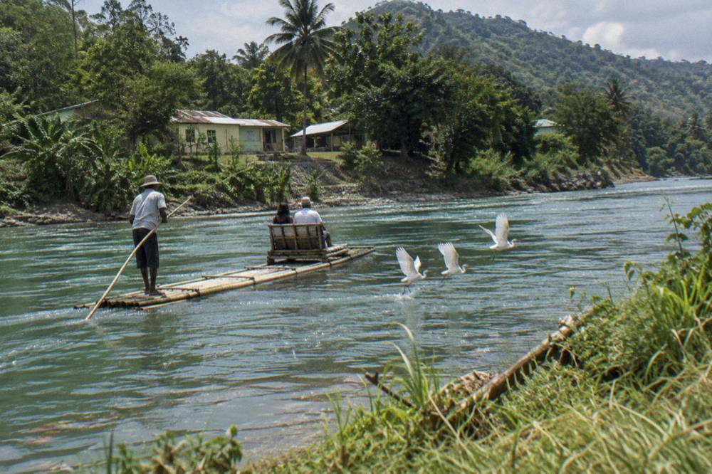 A captain poling a bamboo raft with two passengers across the calm green Great River near Lethe, Jamaica