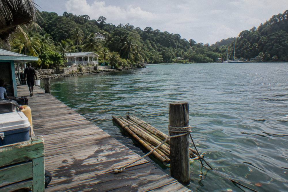 A wooden dock on a calm river bend with green forest on both banks