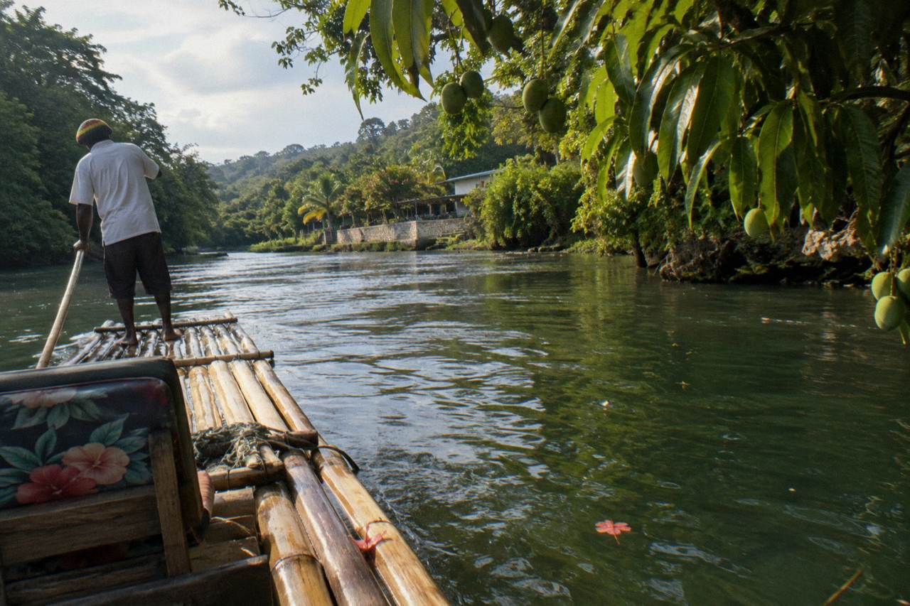 A bamboo raft resting on a calm green river beside overhanging trees at golden hour